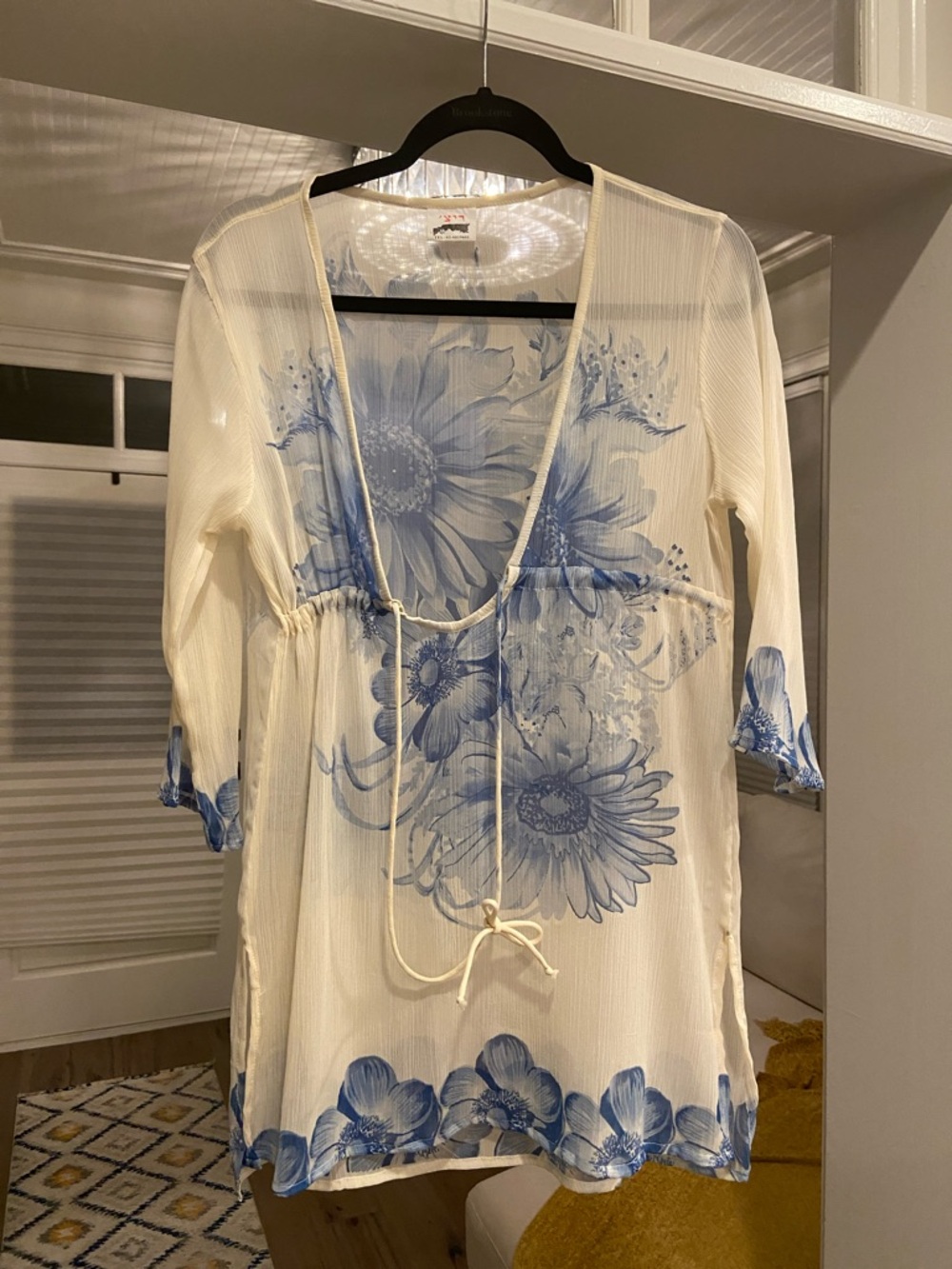 Cream and Blue Floral Swim Cover-Up Tunic with Tie Front